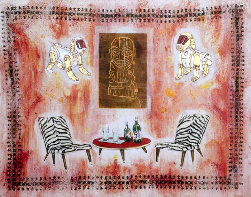 Red Interior with robot dogs, Pastis and Tiki, 2003-2005
